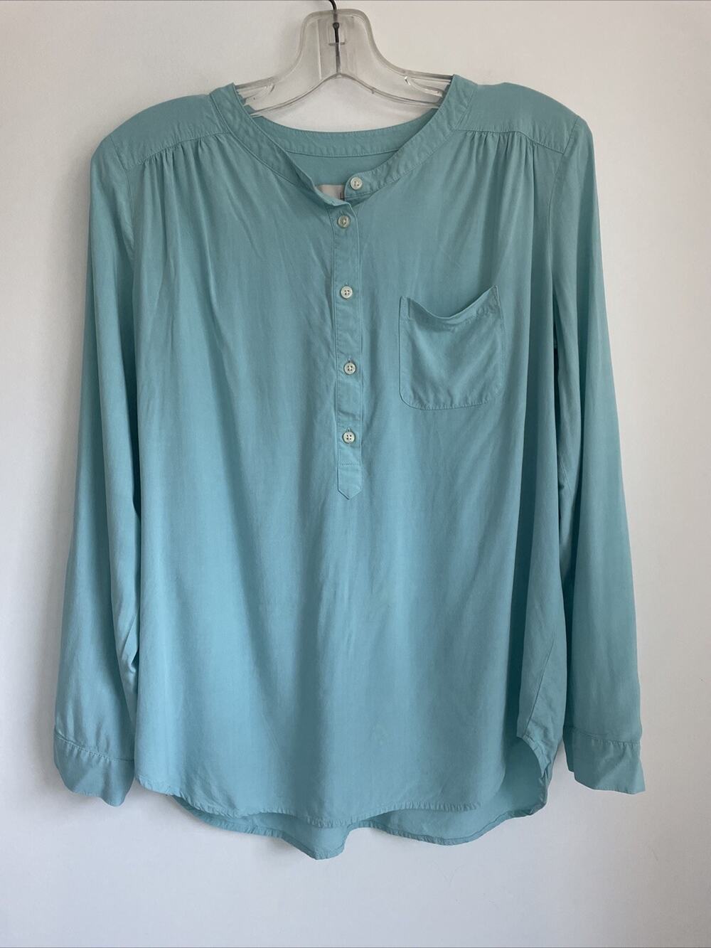 Loft Size MEDIUM Top Sky Blue Roll Tab Blouse Top Shirt P13